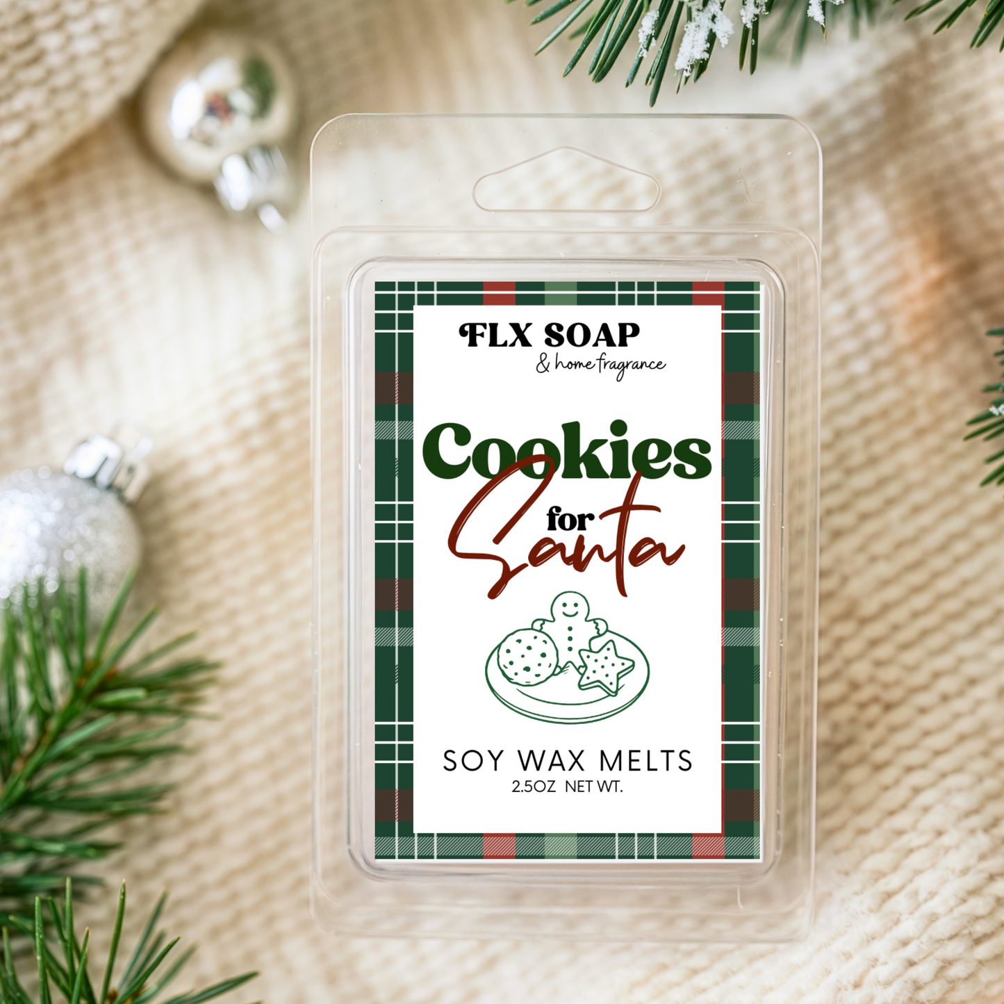 FLX SOAP Cookies for Santa soy wax melts packaging on a textured surface with Christmas decorations.